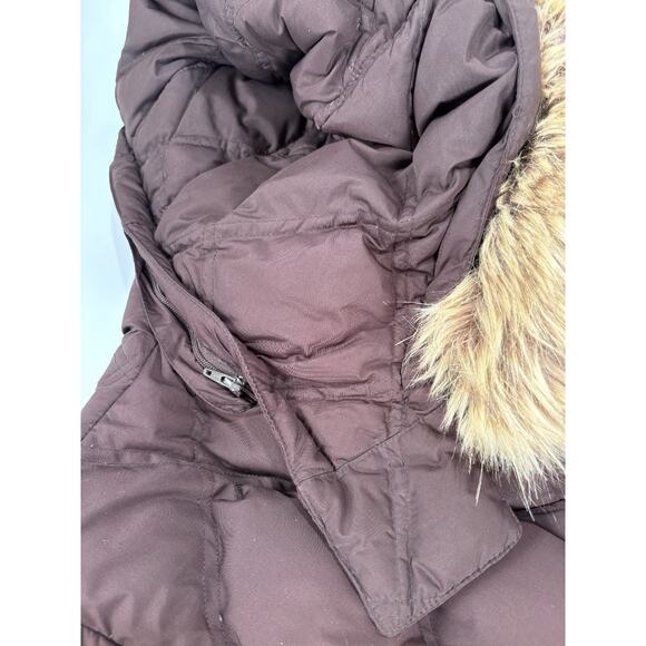 Lands End Down Jacket Womens Large 14-16 Brown Down Filled Zip Up Coat Fur Hood - Picture 9 of 14